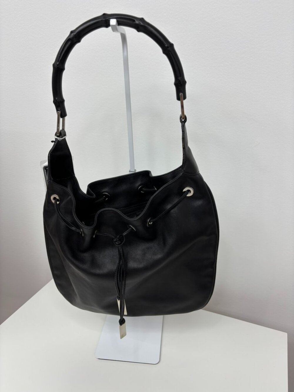 Vintage Gucci Black Leather Bamboo Hobo Bag